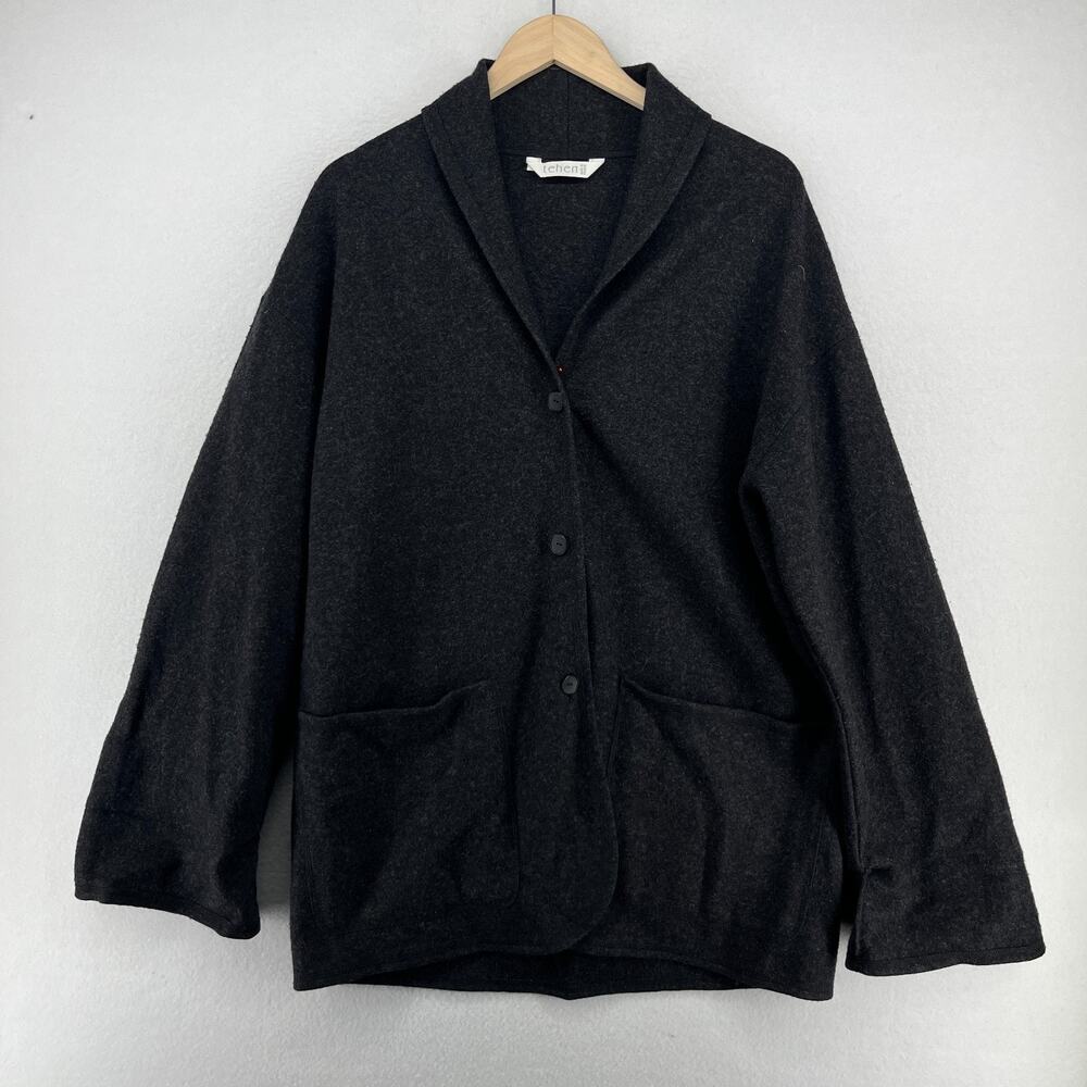 TEHEN Sweater Womens 2 Boiled Wool Lagenlook Button Up Blazer Cardigan Gray